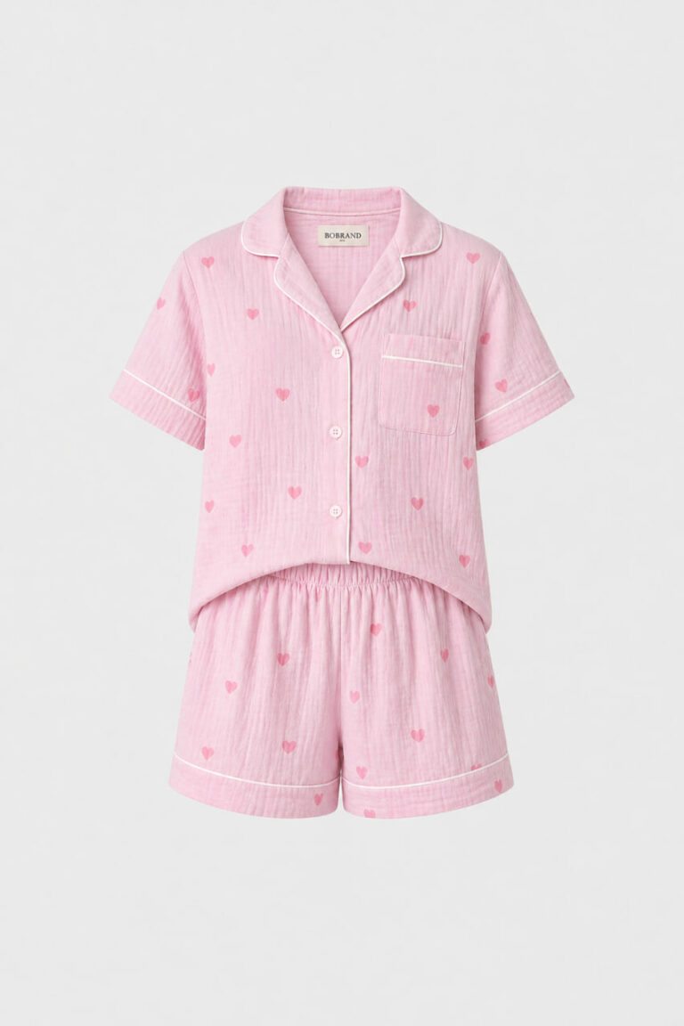 BOBRAND Kids' Pajama Set in Pink – Double-Layer Muslin, Heart Print “Sweet Hearts” – Top and Shorts