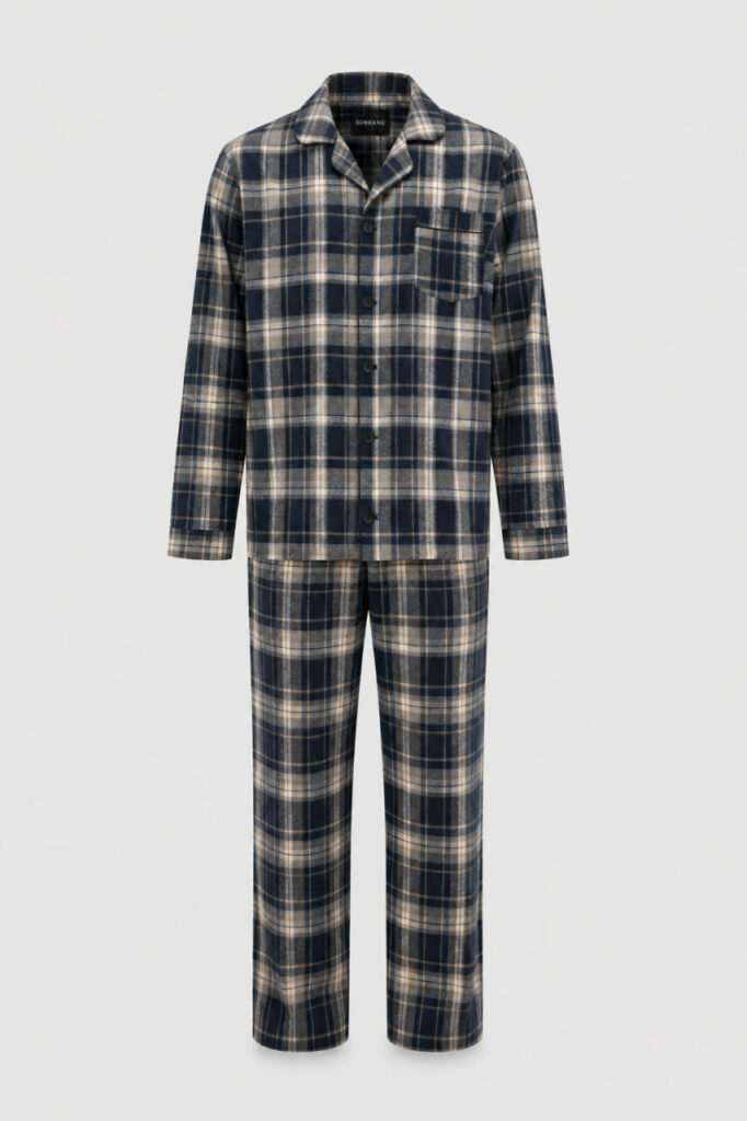 BOBRAND Men's Pajama Set in Blue – Brushed Cotton, Plaid – Top and Pants