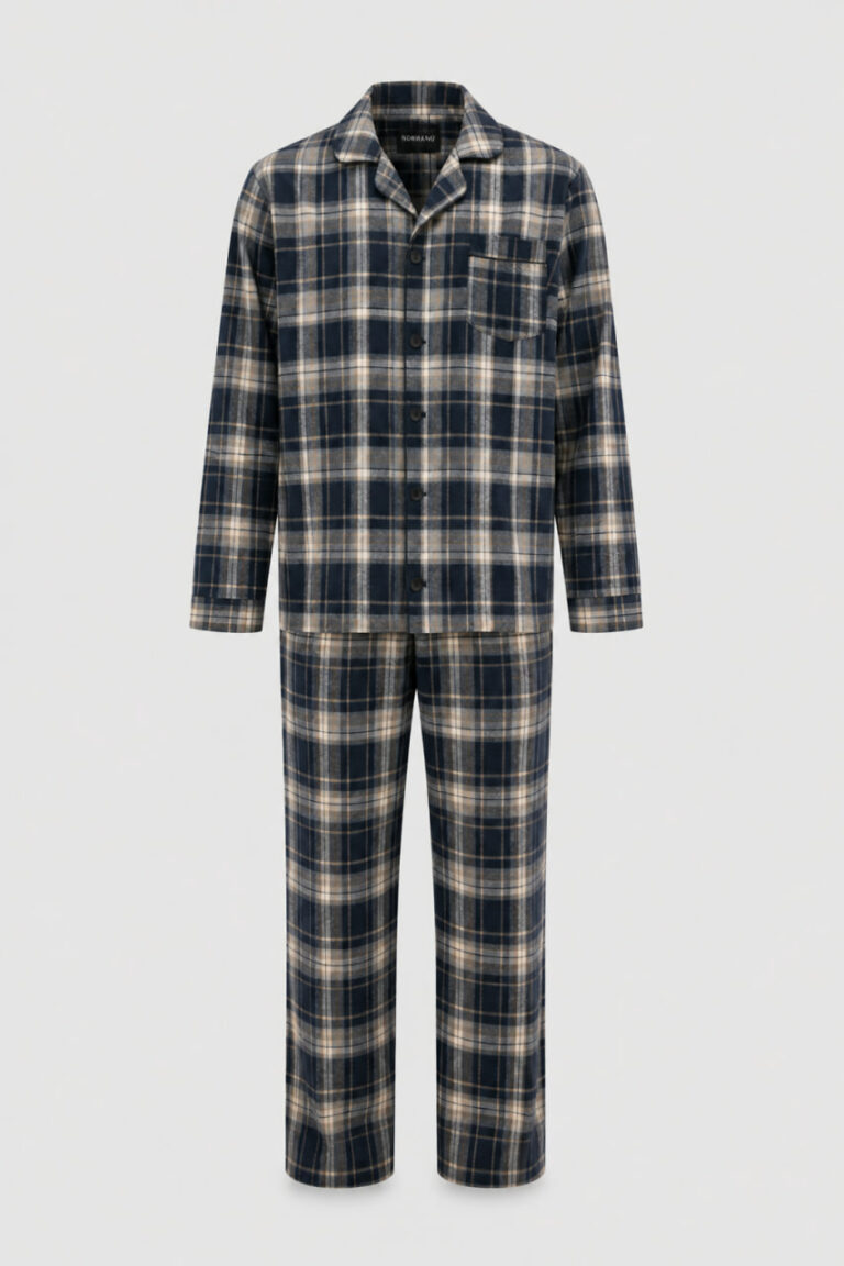 BOBRAND Men's Pajama Set in Blue – Brushed Cotton, Plaid – Top and Pants