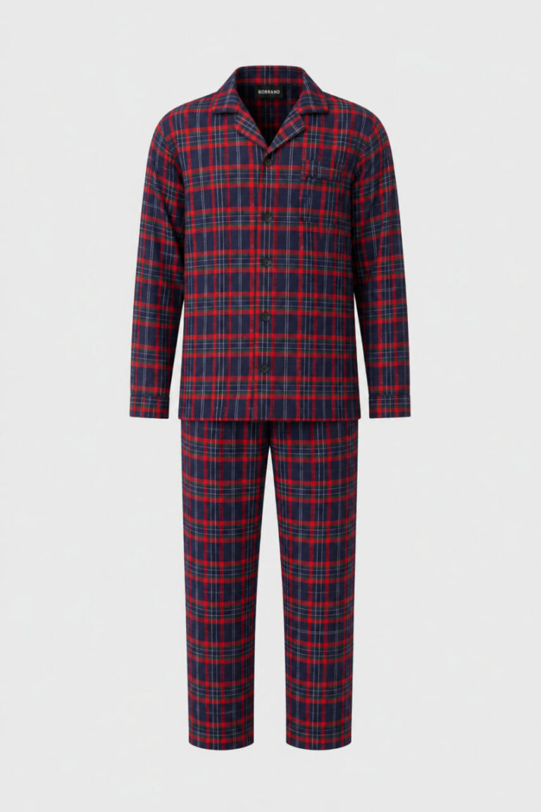 BOBRAND Men's Pajama Set in Blue and Red – Brushed Cotton, Plaid “Blue and Red” – Top and Pants