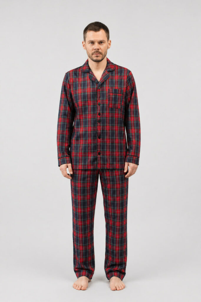 BOBRAND Men's Pajama Set in Blue and Red – Brushed Cotton, Plaid – Top and Pants - image 2