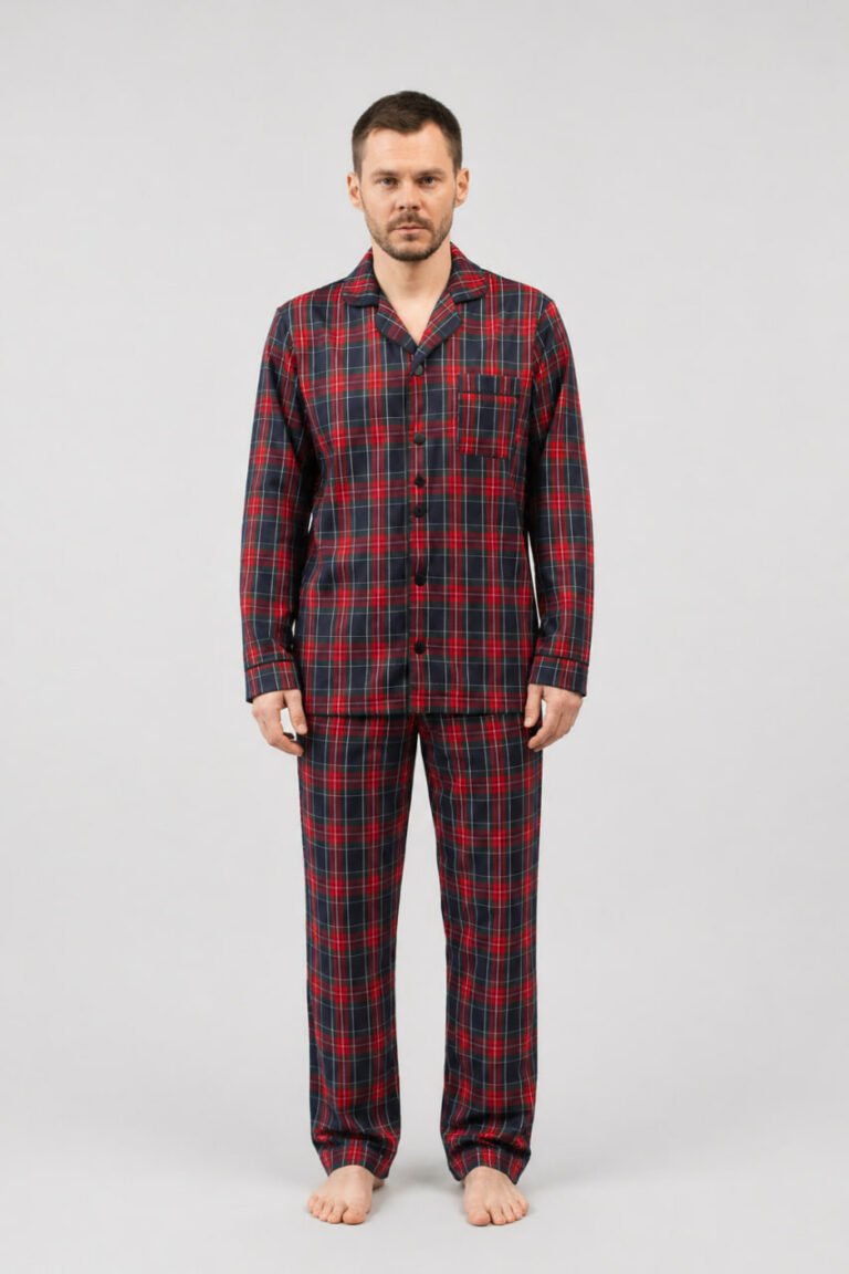 BOBRAND Men's Pajama Set in Blue and Red – Brushed Cotton, Plaid – Top and Pants - image 2