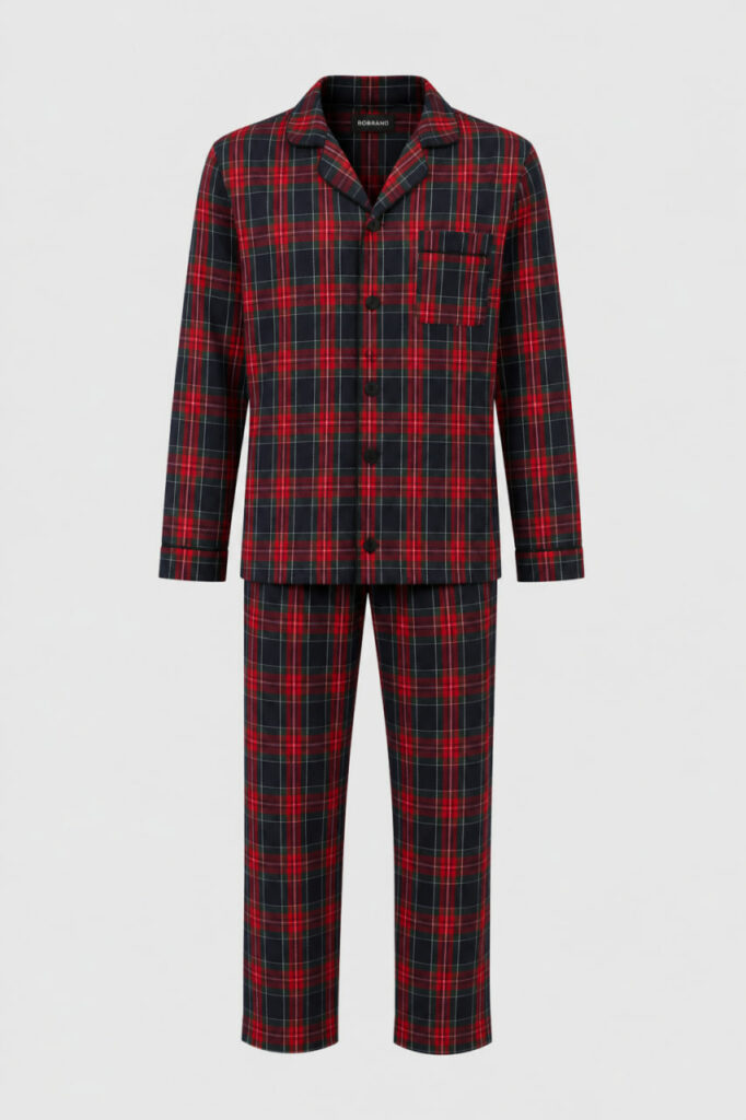 BOBRAND Men's Pajama Set in Blue and Red – Brushed Cotton, Plaid – Top and Pants