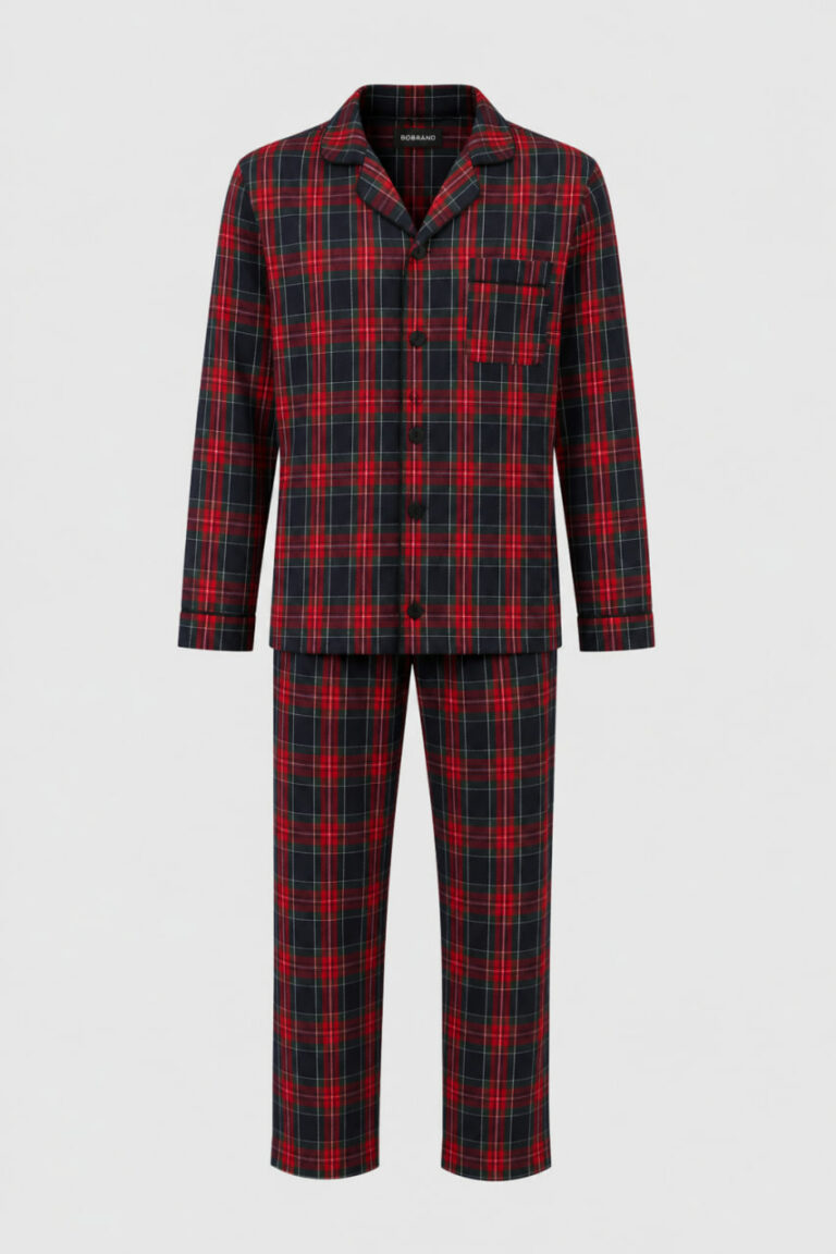 BOBRAND Men's Pajama Set in Blue and Red – Brushed Cotton, Plaid – Top and Pants