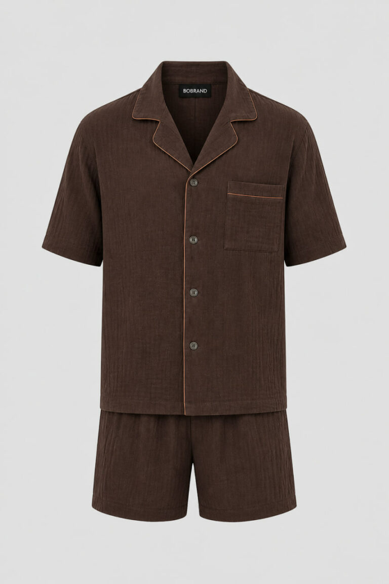 BOBRAND Men's Pajama Set in Brown – Double-Layer Muslin – Top and Shorts
