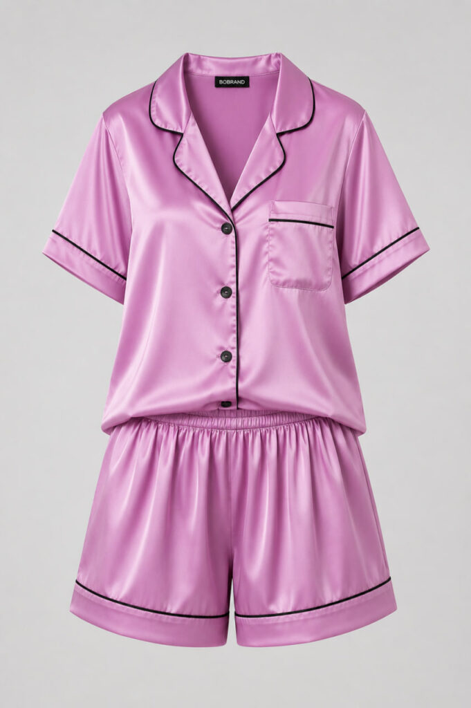BOBRAND Women's Pajama Set in Pink – Viscose “Pink Satin” – Top and Shorts