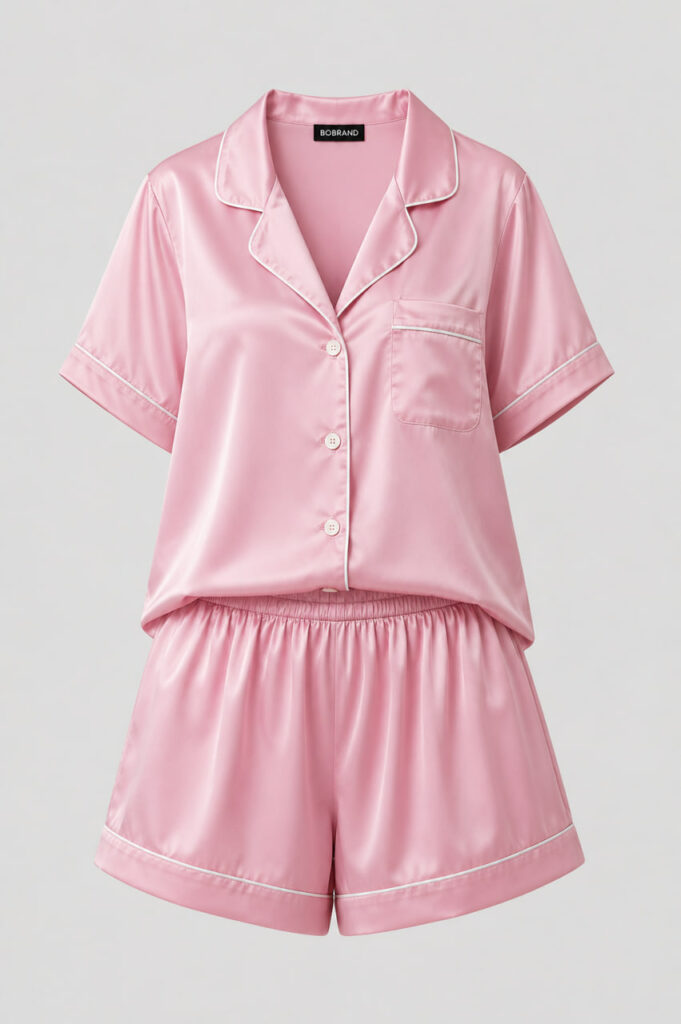 BOBRAND Women's Pajama Set in Pink – Viscose “Soft Pink Satin” – Top and Shorts