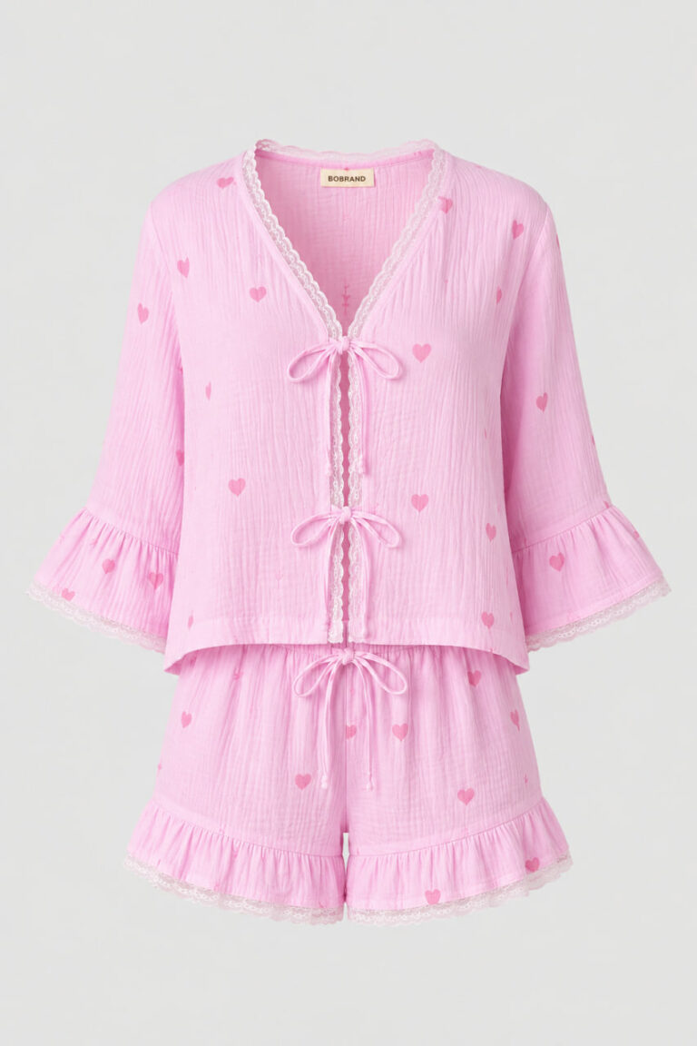 BOBRAND Women's Pajama Set in Pink – Double-Layer Muslin, Heart Print – Top and Shorts