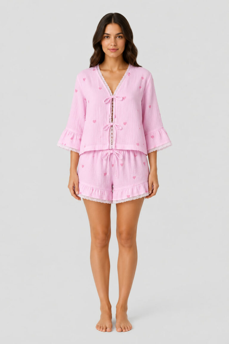 BOBRAND Women's Pajama Set in Pink – Double-Layer Muslin, Heart Print – Top and Shorts - image 2