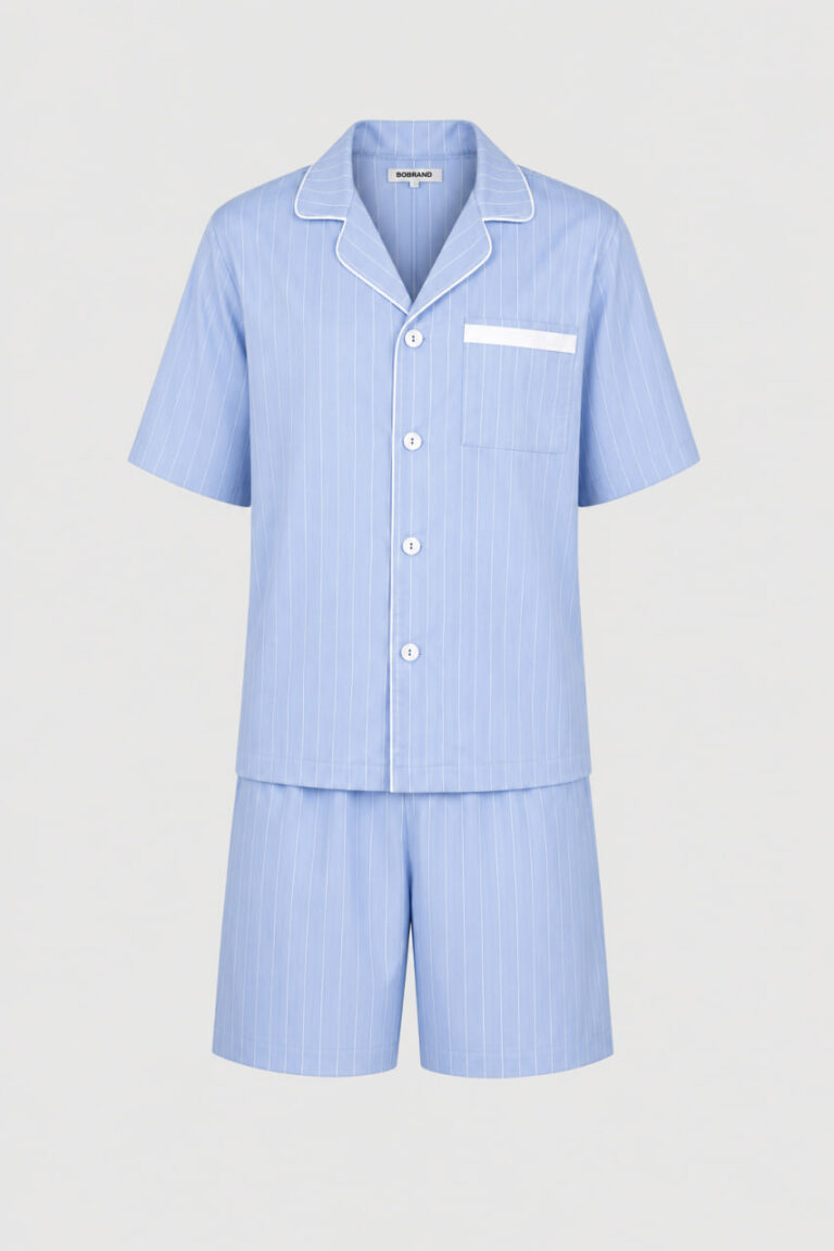 BOBRAND Men's Pajama Set in Light Blue – Cotton, Striped – Top and Shorts