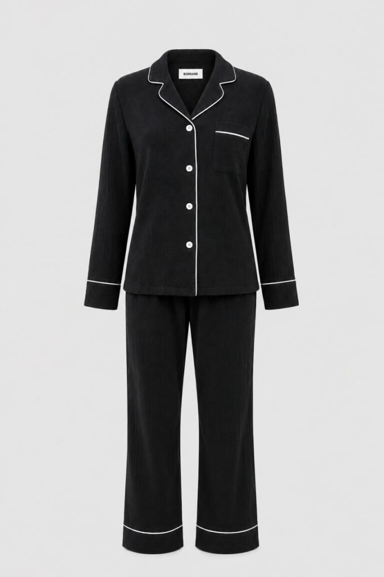 BOBRAND Women's Pajama Set in Black – Double-Layer Muslin “Black Classic” – Top and Pants