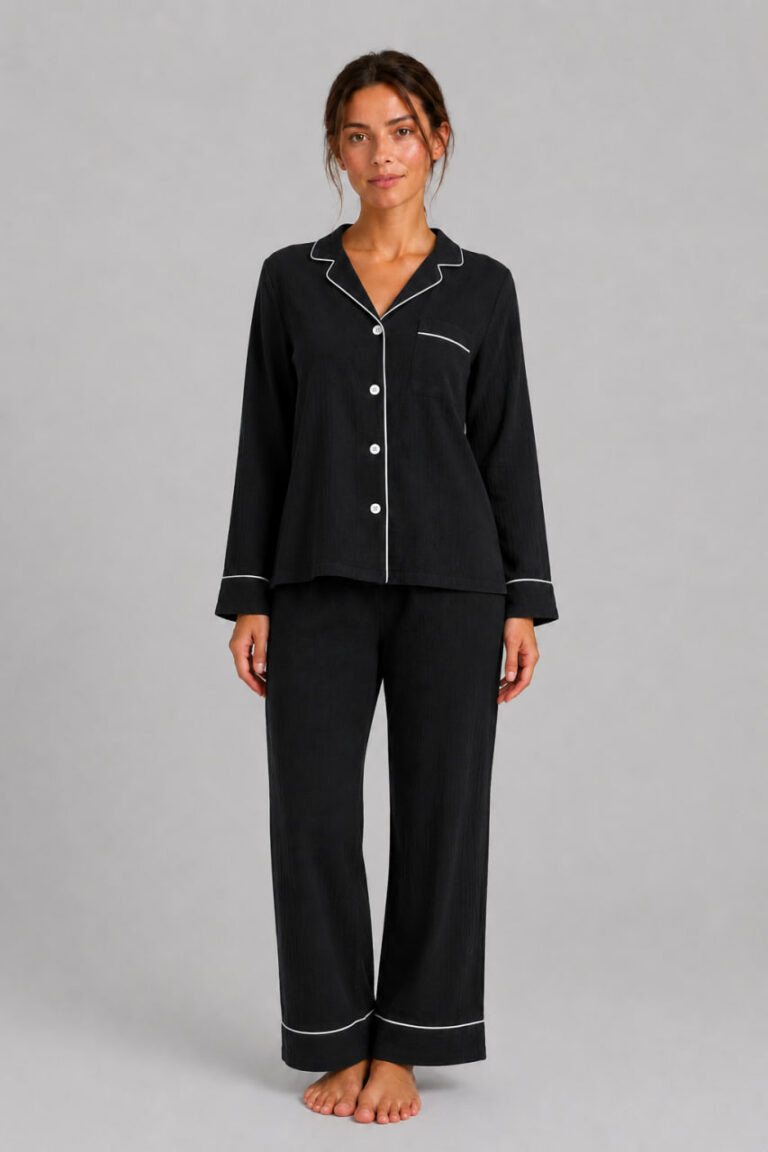 BOBRAND Women's Pajama Set in Black – Double-Layer Muslin “Black Classic” – Top and Pants - image 2