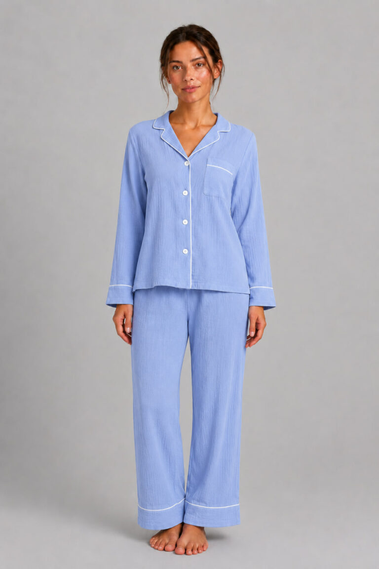 BOBRAND Women's Pajama Set in Light Blue – Double-Layer Muslin – Top and Pants - image 2