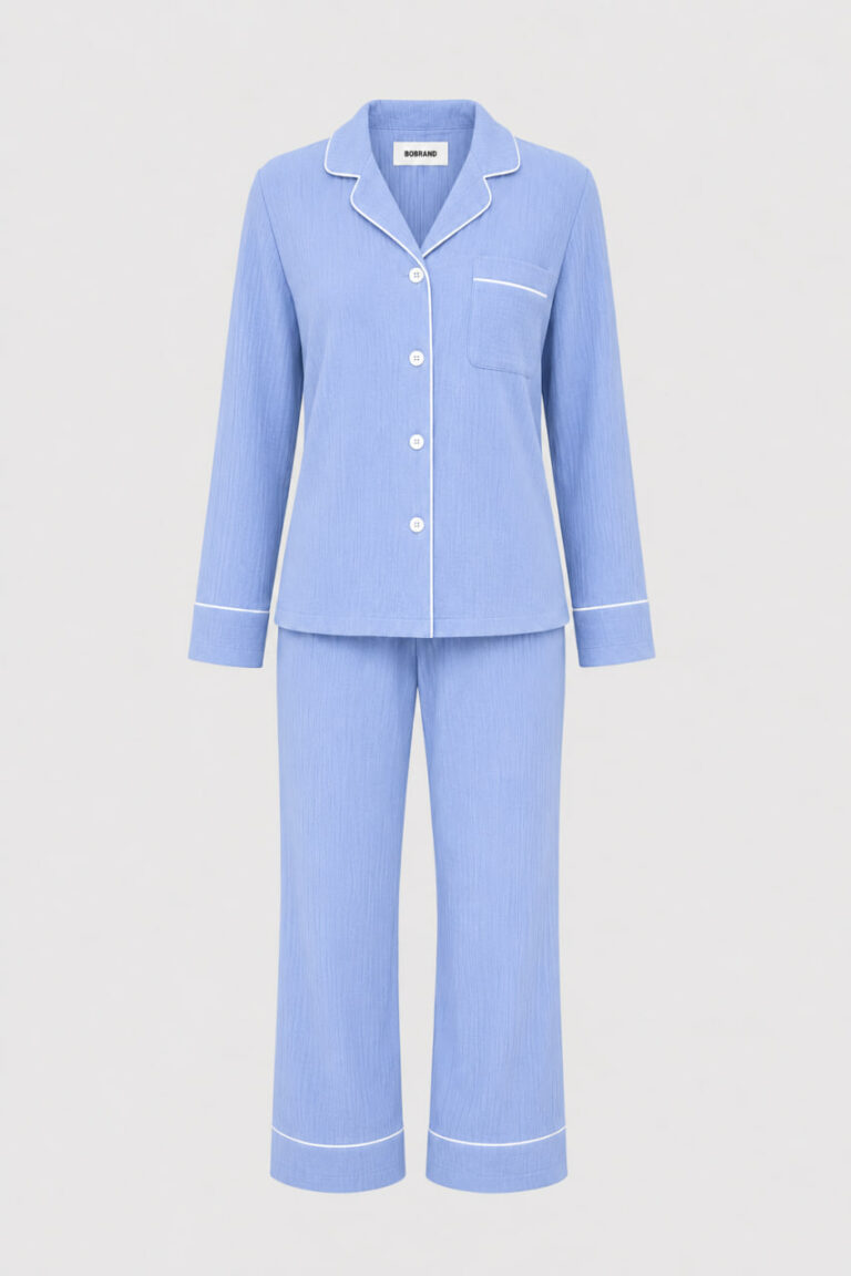 BOBRAND Women's Pajama Set in Light Blue – Double-Layer Muslin – Top and Pants