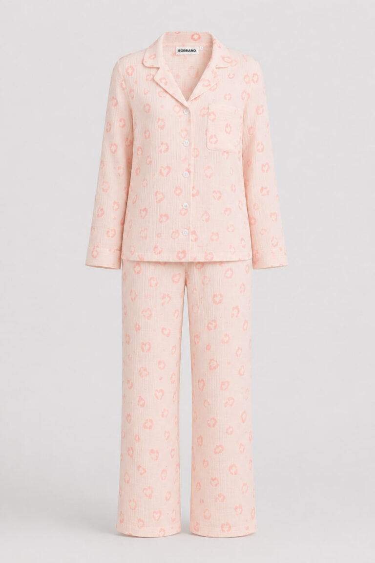 BOBRAND Women's Pajama Set in Peach – Double-Layer Muslin, Heart Print – Top and Pants