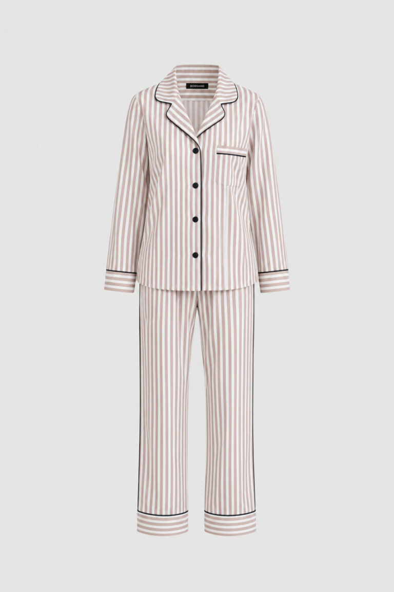 BOBRAND Women's Pajama Set in Brown – Cotton, Striped – Top and Pants