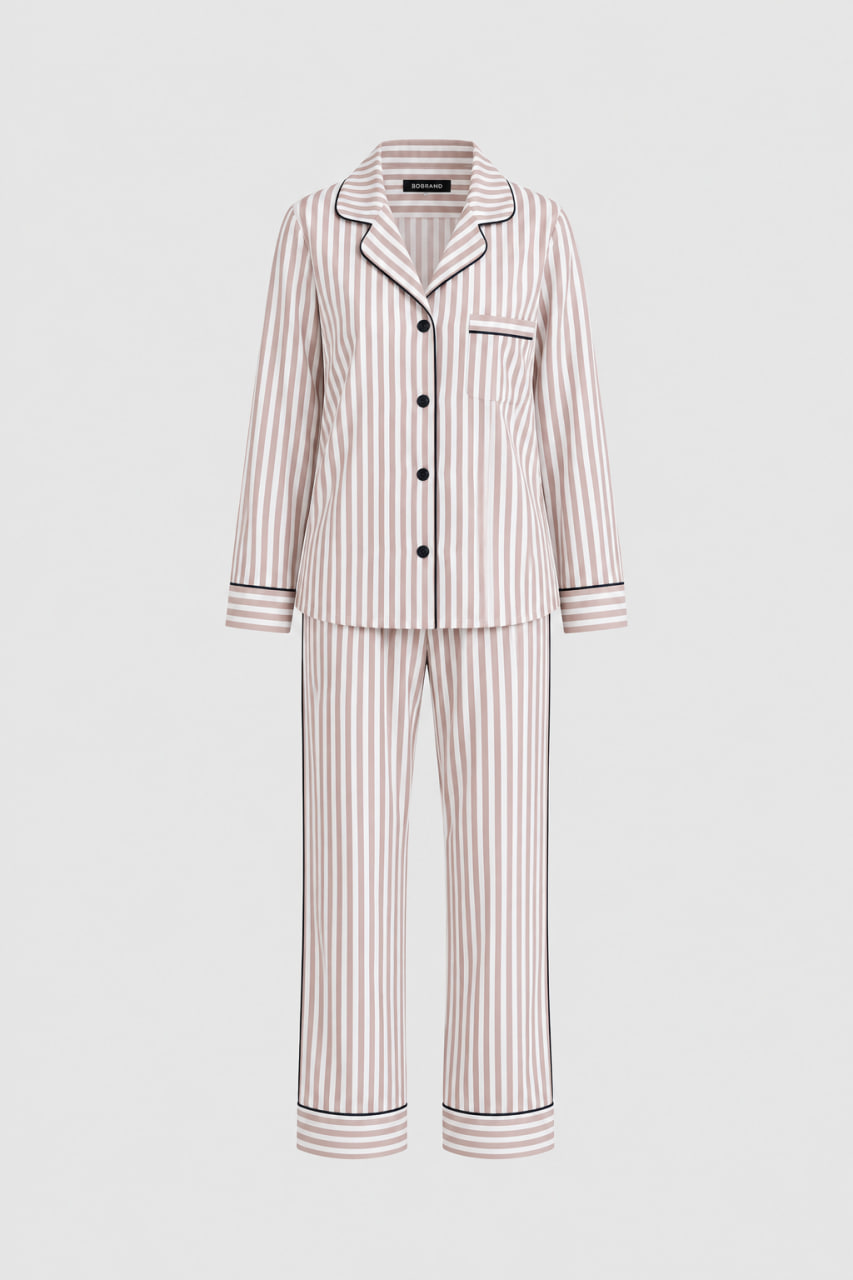 BOBRAND Women's Pajama Set in Brown – Cotton, Striped – Top and Pants BOBRAND Women's Pajama Set in Brown – Cotton, Striped – Top and Pants