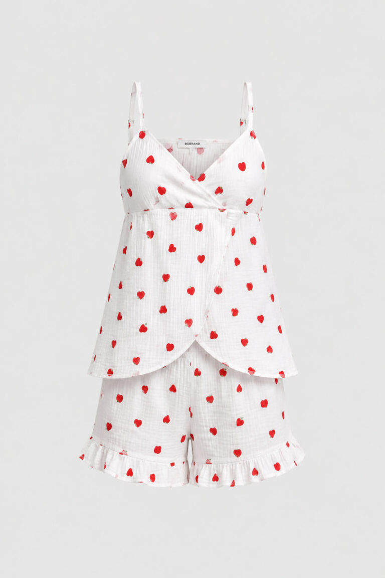 BOBRAND Women's Pajama Set in White – Double-Layer Muslin, Floral Print “Truskawka” – Shorts and Camisole