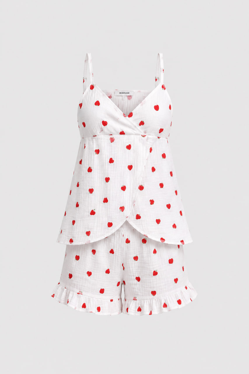 BOBRAND Women's Pajama Set in White – Double-Layer Muslin, Floral Print “Truskawka” – Shorts and Camisole BOBRAND Women's Pajama Set in White – Double-Layer Muslin, Floral Print “Truskawka” – Shorts and Camisole