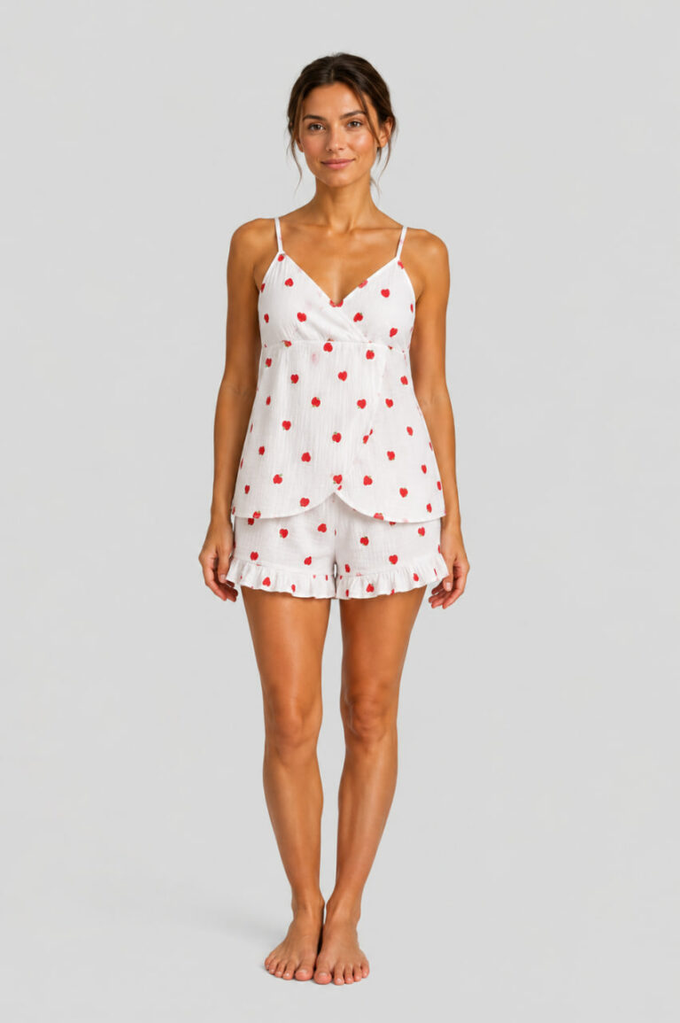 BOBRAND Women's Pajama Set in White – Double-Layer Muslin, Floral Print “Truskawka” – Shorts and Camisole - image 2