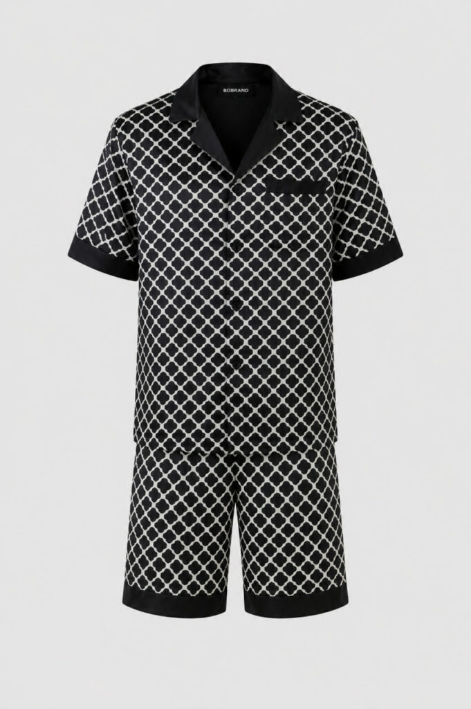 BOBRAND Men's Pajama Set in Black – Viscose, Geometric Print – Top and Shorts