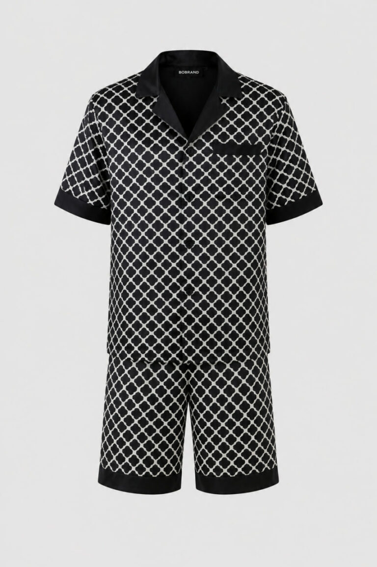 BOBRAND Men's Pajama Set in Black – Viscose, Geometric Print – Top and Shorts