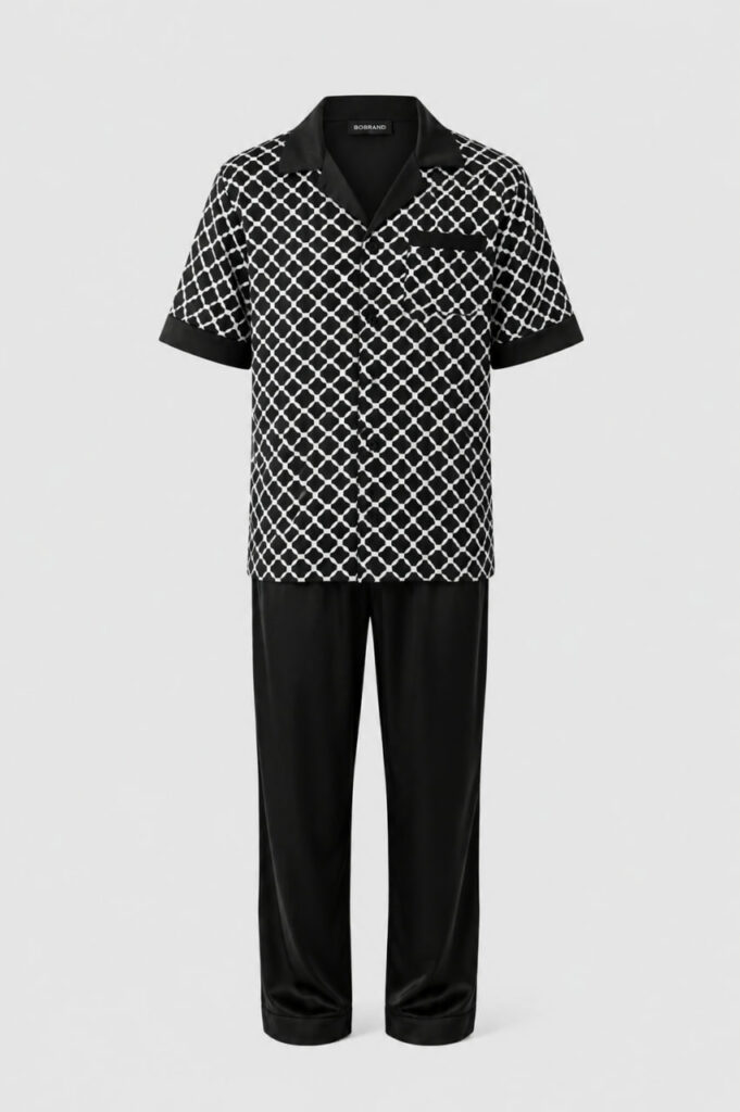 BOBRAND Men's Pajama Set in Black and White – Viscose, Geometric Print “Black and White” – Top and Pants