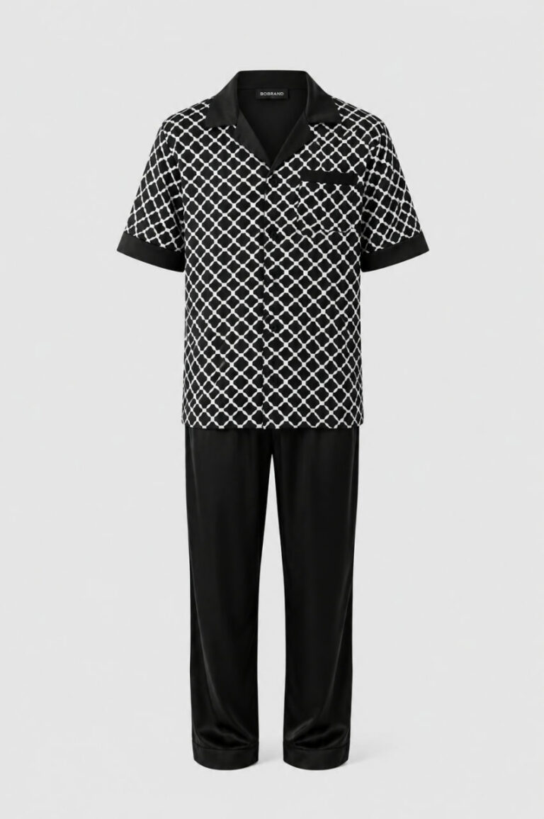 BOBRAND Men's Pajama Set in Black and White – Viscose, Geometric Print “Black and White” – Top and Pants
