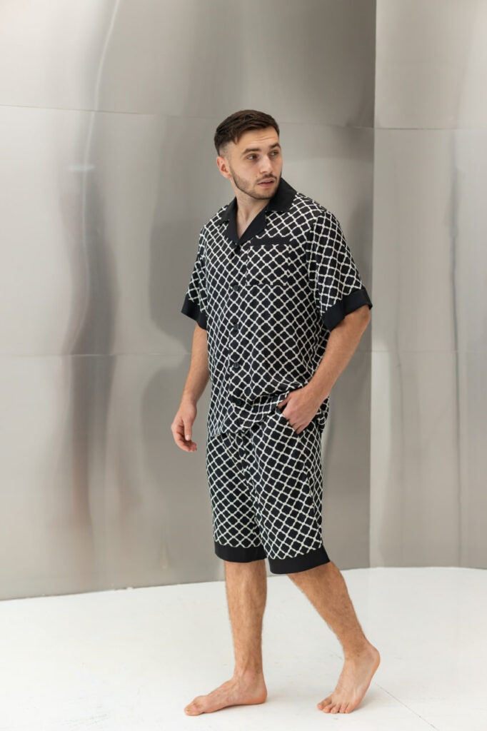 BOBRAND Men's Pajama Set in Black – Viscose, Geometric Print – Top and Shorts - image 2