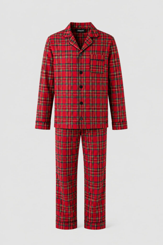 BOBRAND Men's Pajama Set in Red – Brushed Cotton, Plaid – Top and Pants
