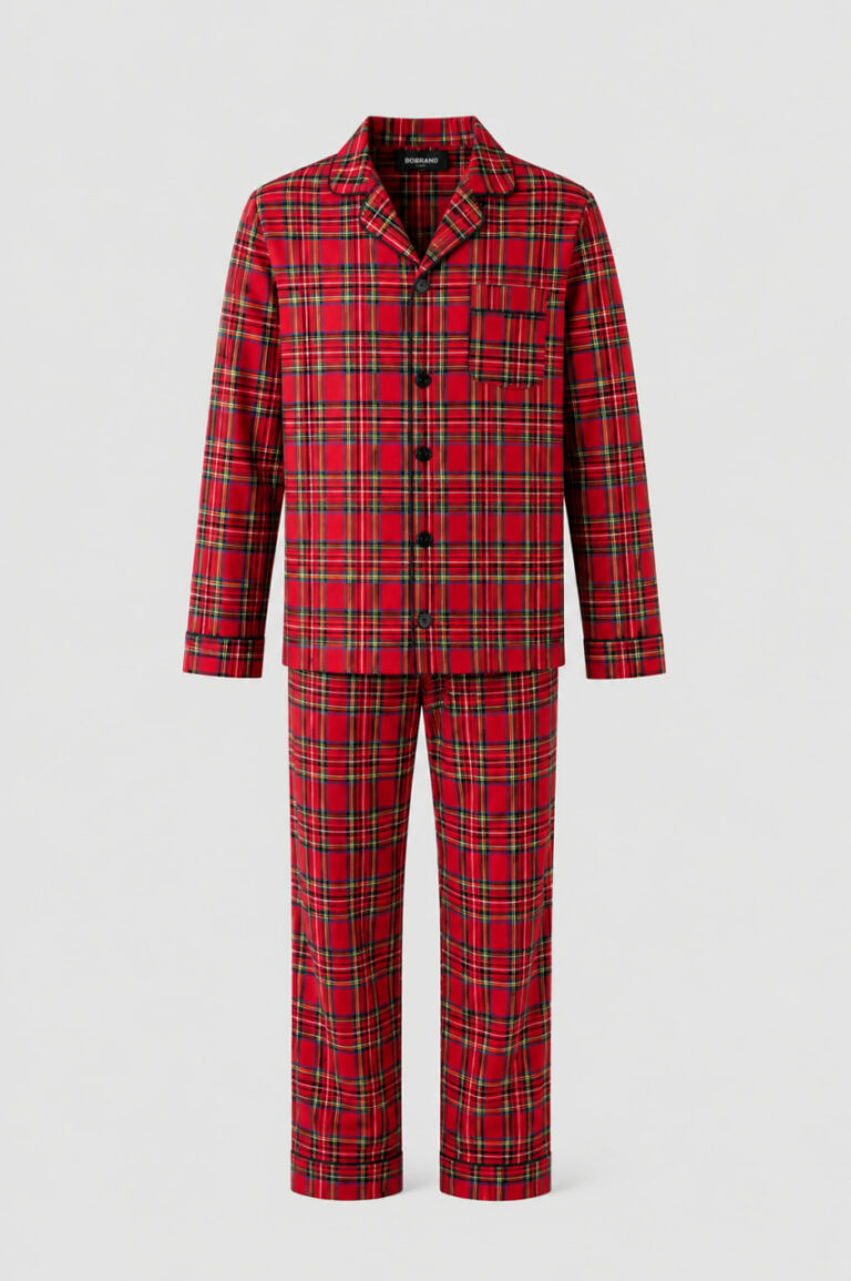 BOBRAND Men's Pajama Set in Red – Brushed Cotton, Plaid – Top and Pants