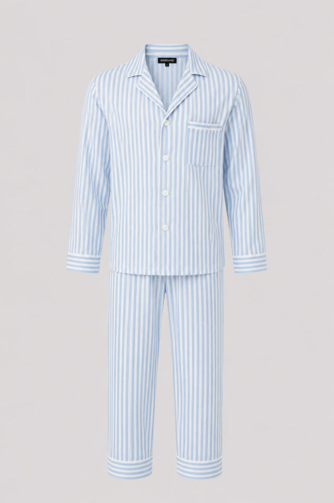 BOBRAND Men's Pajama Set in Light Blue – Cotton, Striped – Top and Pants