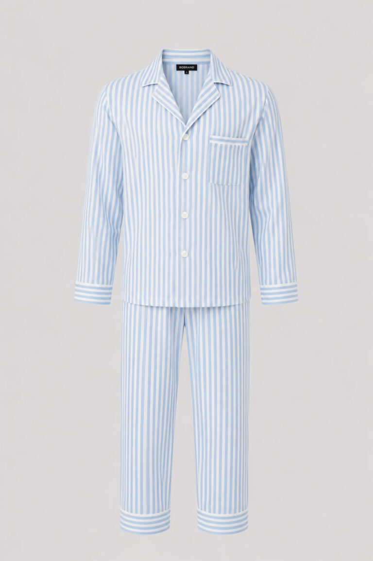 BOBRAND Men's Pajama Set in Light Blue – Cotton, Striped – Top and Pants