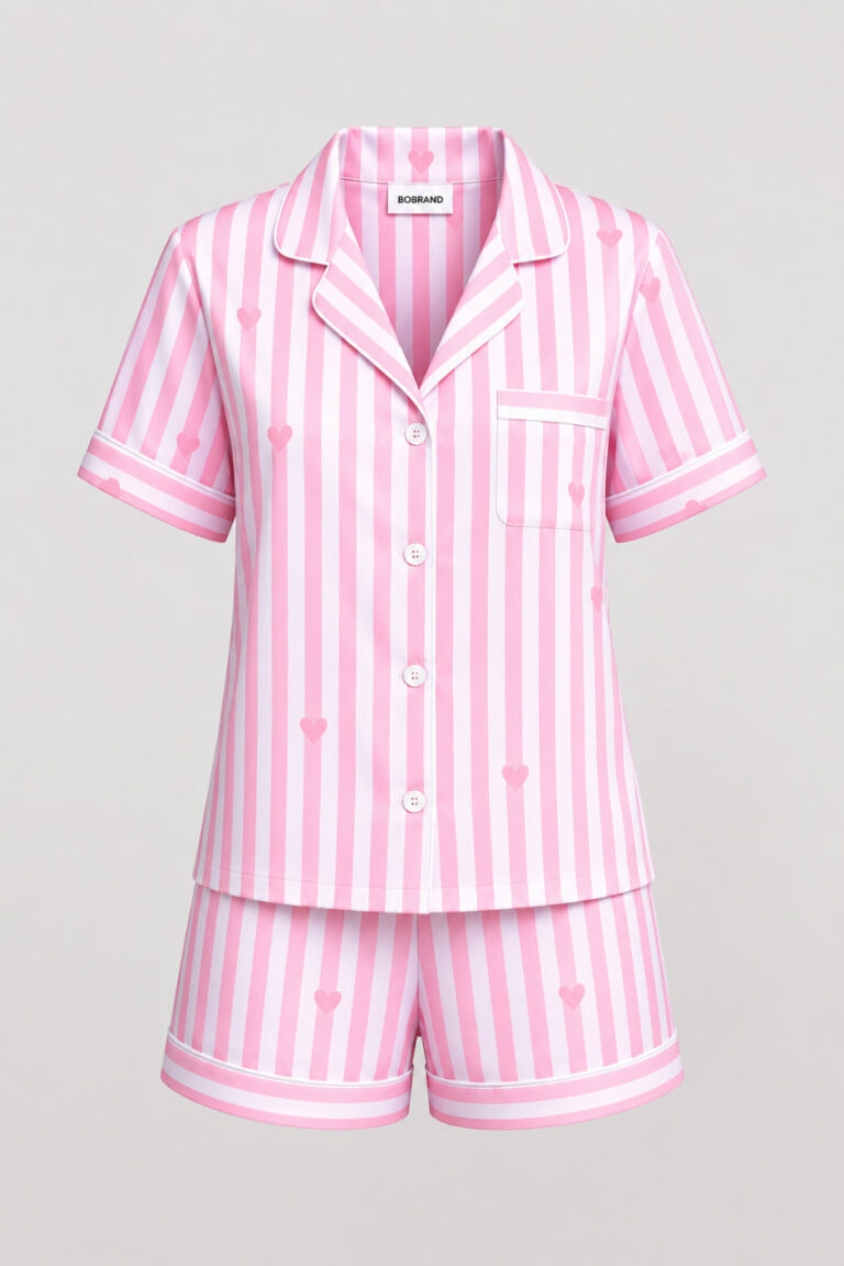 BOBRAND Women's Pajama Set in Pink – Viscose, Striped “Victoria” – Top and Shorts