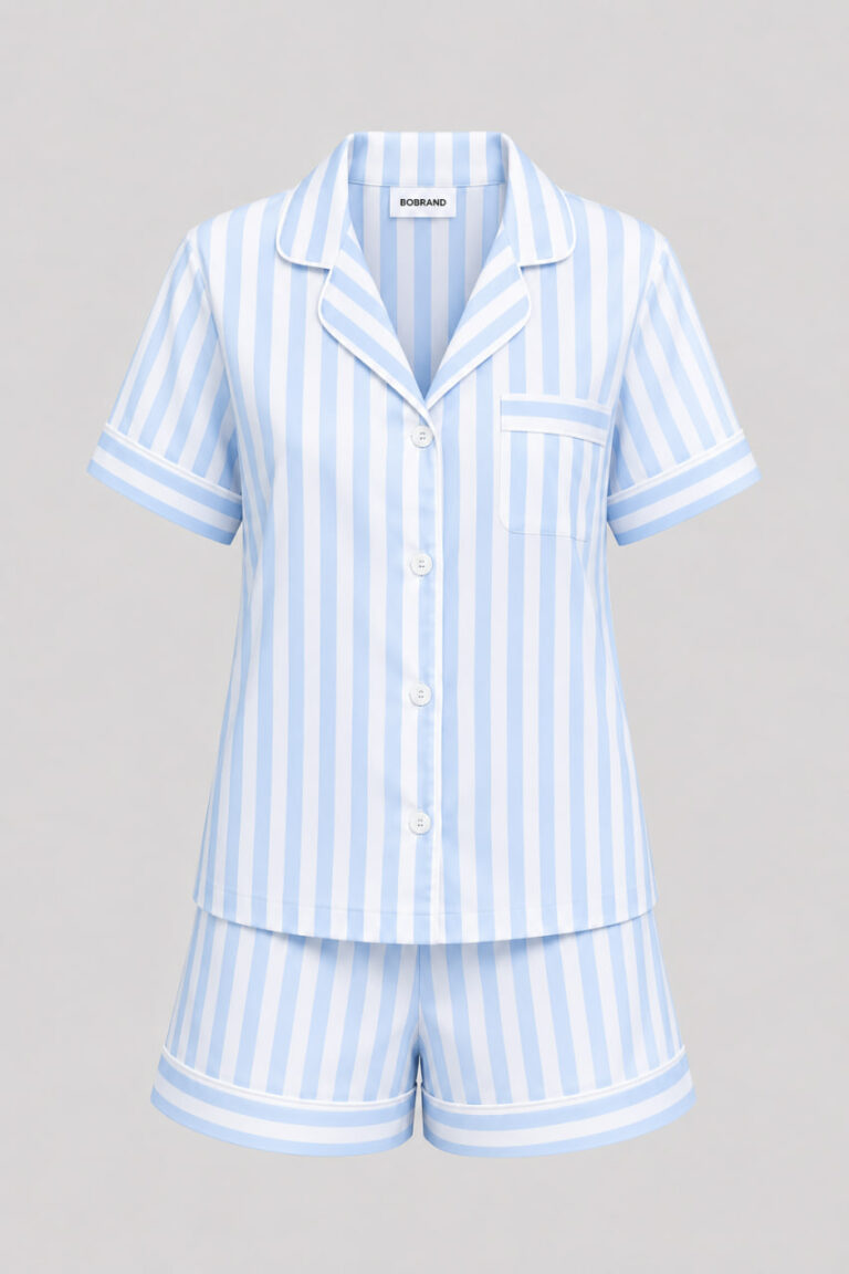 BOBRAND Women's Pajama Set in Light Blue – Viscose, Striped – Top and Shorts