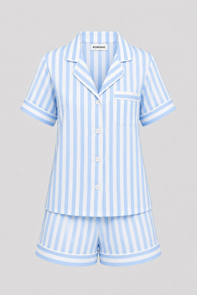 BOBRAND Women's Pajama Set in Light Blue – Cotton, Striped – Top and Shorts