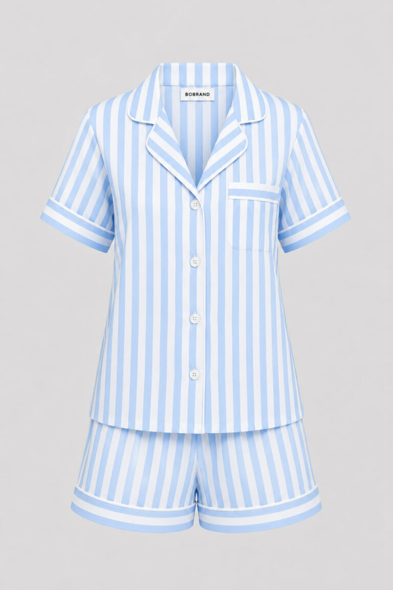 BOBRAND Women's Pajama Set in Light Blue – Cotton, Striped – Top and Shorts
