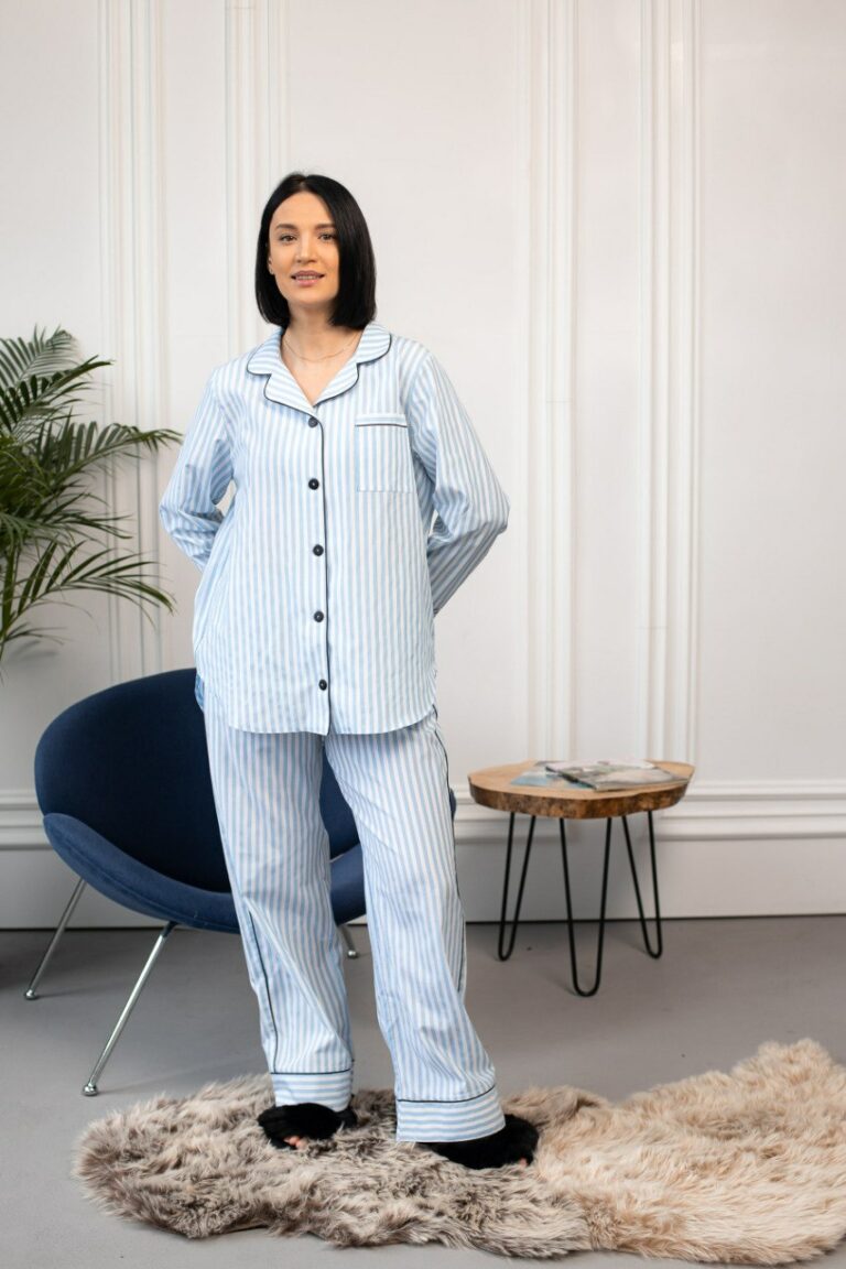 BOBRAND Women's Pajama Set in Light Blue – Cotton, Striped – Top and Pants - image 2
