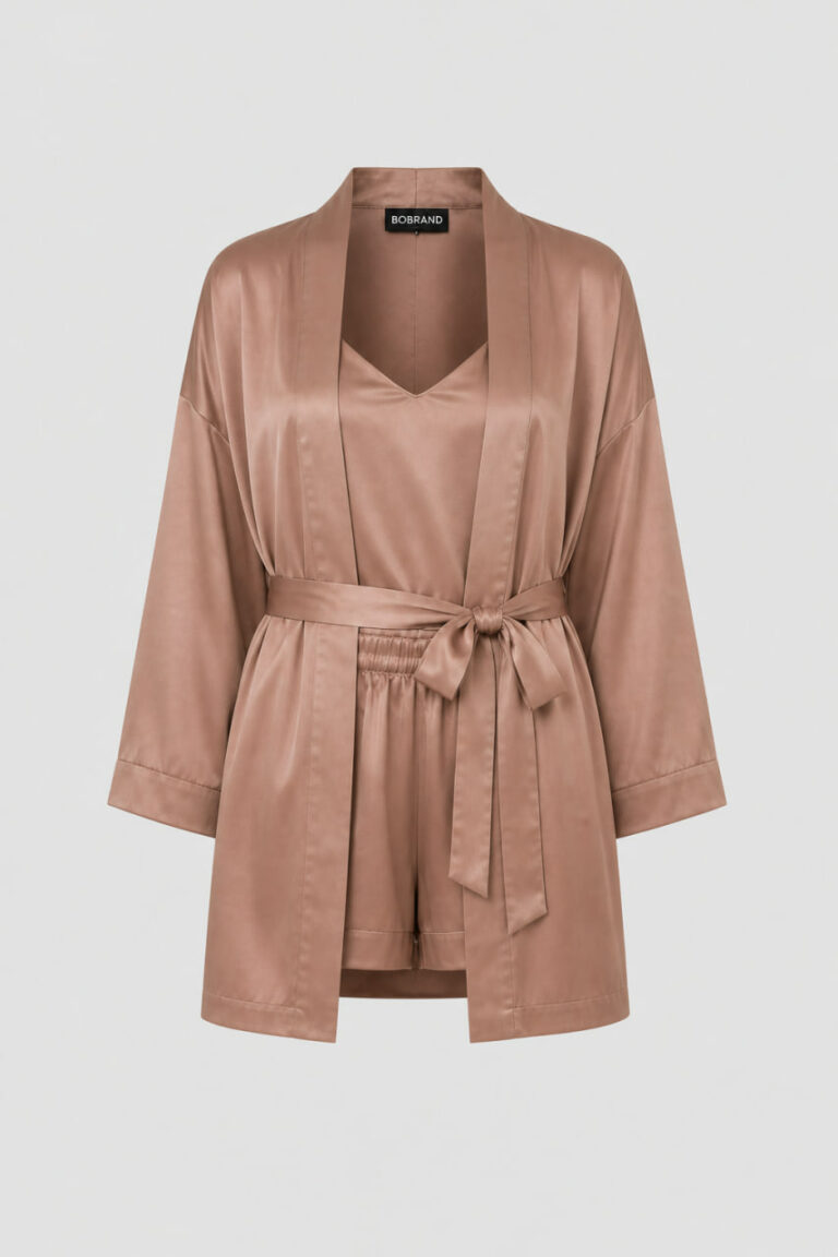 BOBRAND Women's Loungewear Set in Beige – Viscose – Belt, Robe, Shorts, and Camisole