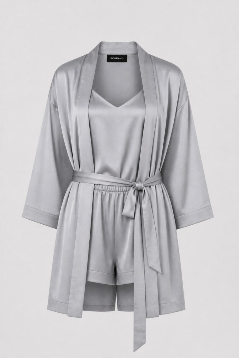 BOBRAND Women's Loungewear Set in Gray – Viscose – Belt, Robe, Shorts, and Camisole