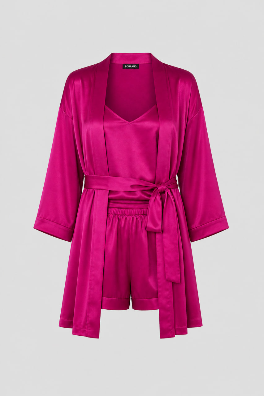 BOBRAND Women's Loungewear Set in Raspberry – Viscose – Belt, Robe, Shorts, and Camisole BOBRAND Women's Loungewear Set in Raspberry – Viscose – Belt, Robe, Shorts, and Camisole