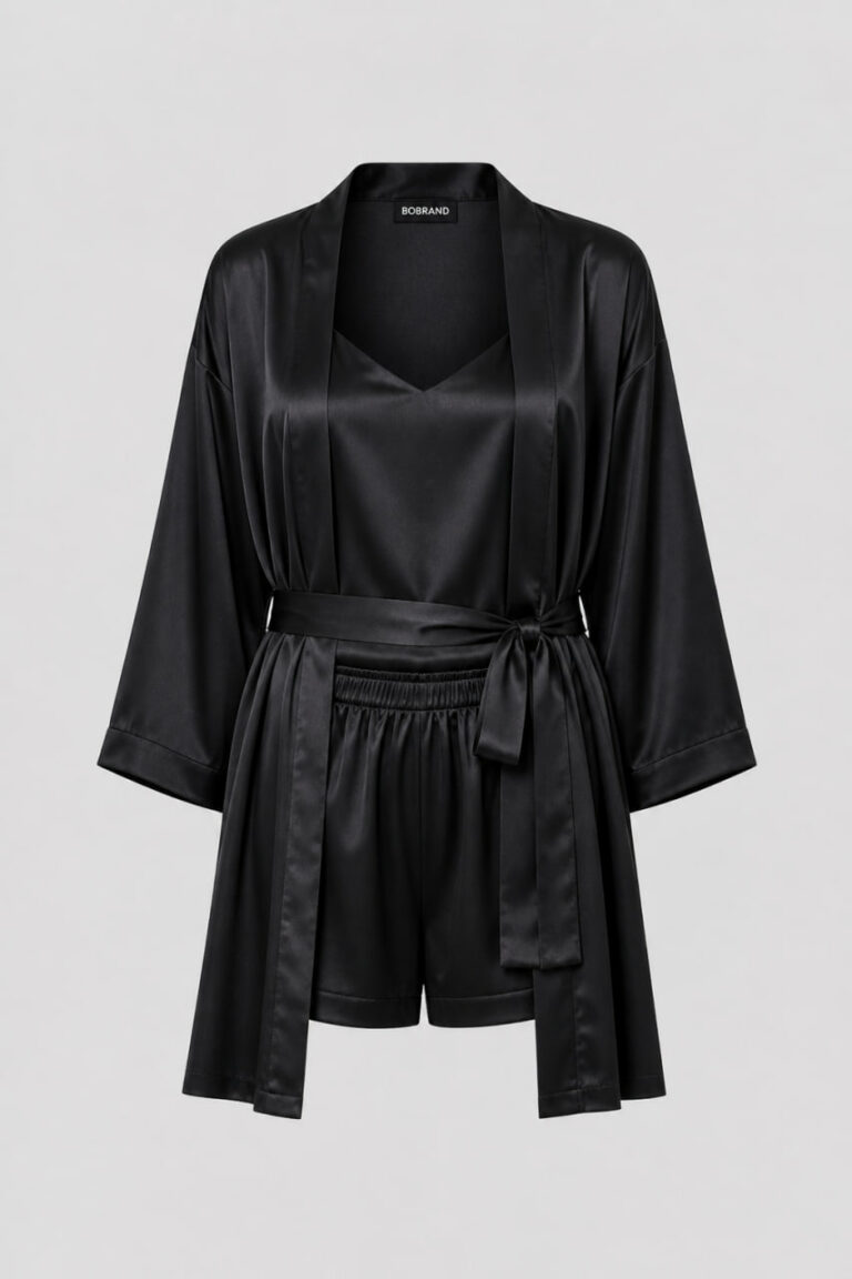 BOBRAND Women's Loungewear Set in Black – Viscose – Belt, Robe, Shorts, and Camisole
