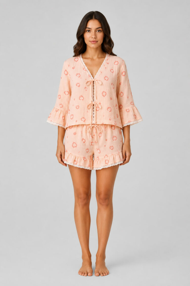 BOBRAND Women's Pajama Set in Peach – Double-Layer Muslin, Heart Print – Top and Shorts - image 2