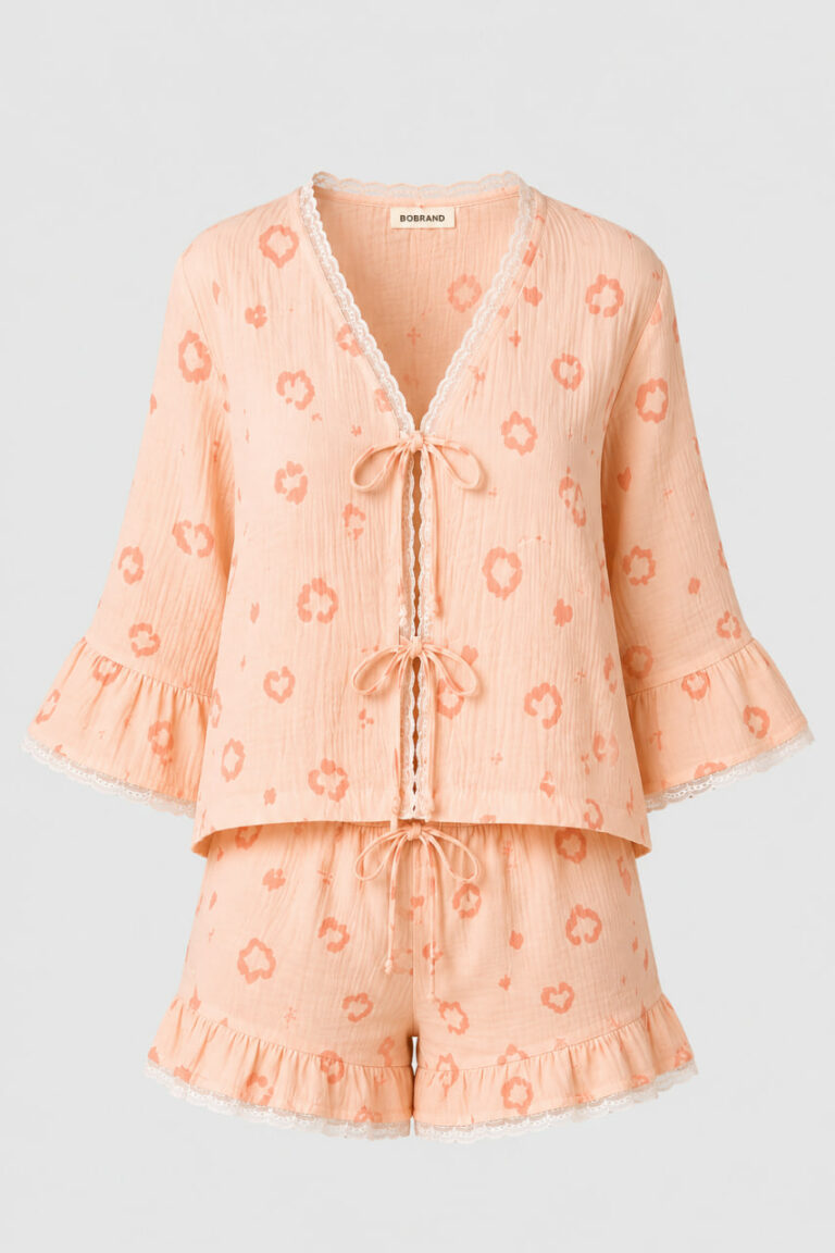 BOBRAND Women's Pajama Set in Peach – Double-Layer Muslin, Heart Print – Top and Shorts