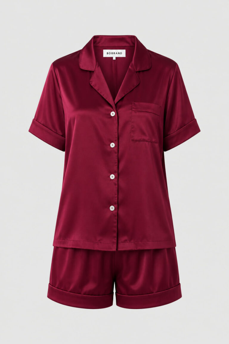 BOBRAND Women's Pajama Set in Burgundy – Viscose “Cherry Night” – Top and Shorts
