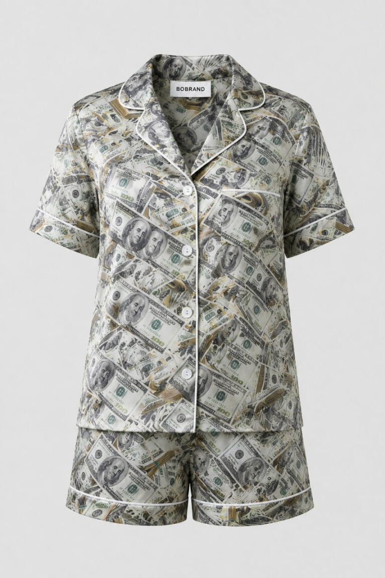BOBRAND Women's Pajama Set in Green – Viscose, Themed Print – Top and Shorts