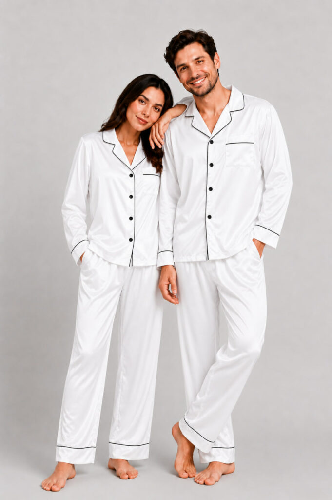BOBRAND Couples' Matching Pajama Set in White – Viscose – Top and Pants (2 Pajamas) - image 2