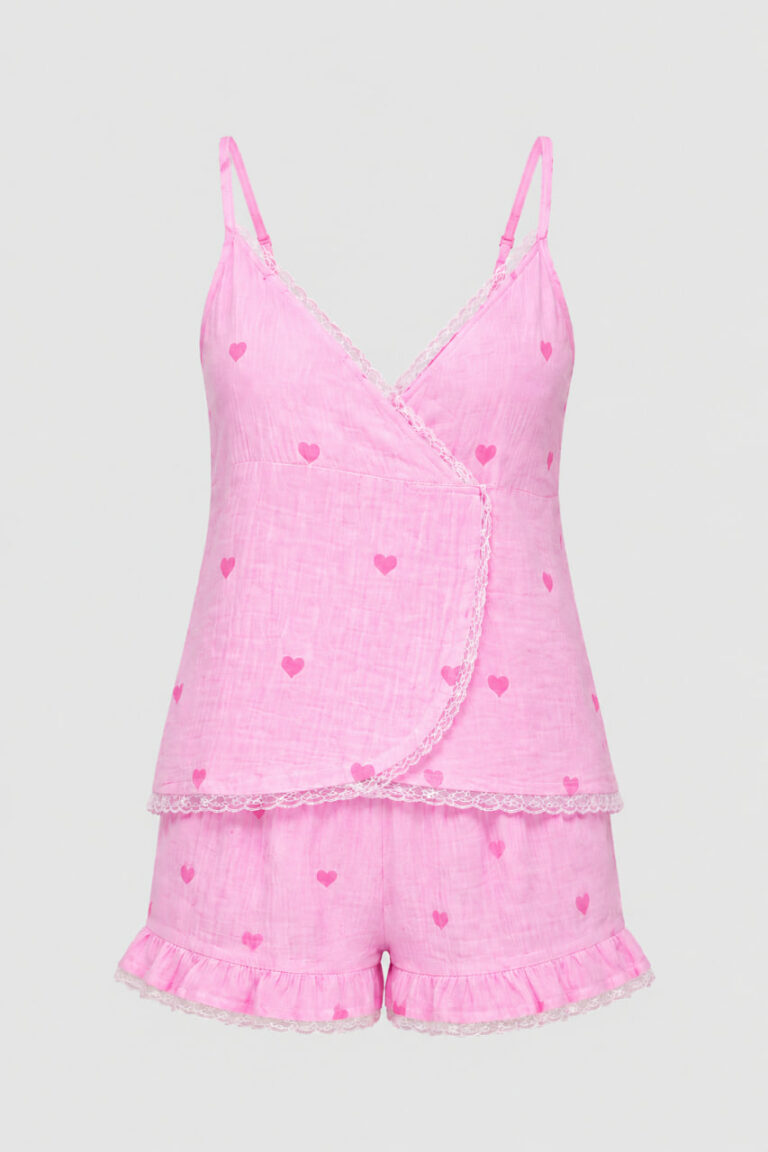 BOBRAND Women's Pajama Set in Pink – Double-Layer Muslin, Heart Print “Heart” – Shorts and Camisole