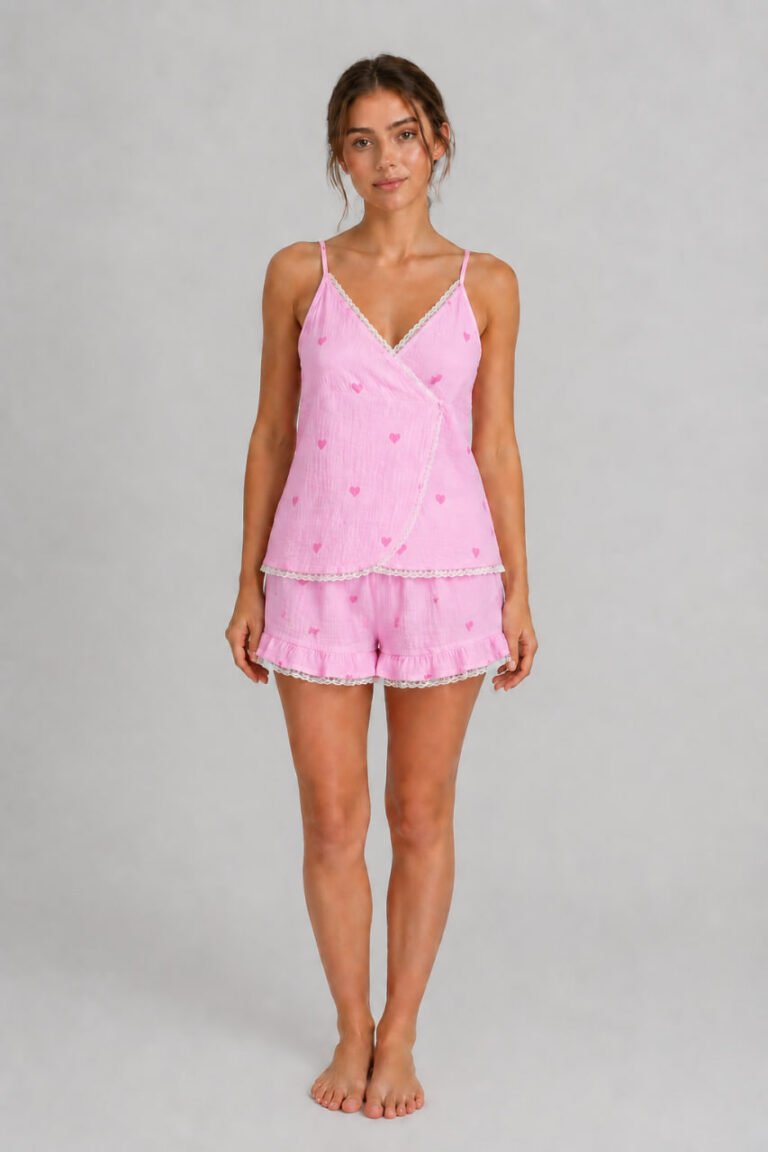 BOBRAND Women's Pajama Set in Pink – Double-Layer Muslin, Heart Print “Heart” – Shorts and Camisole - image 2