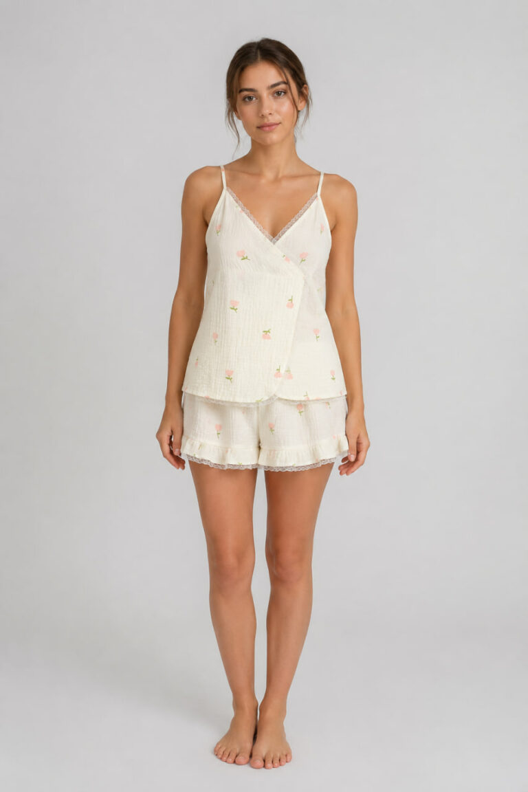 BOBRAND Women's Pajama Set in Ivory – Double-Layer Muslin, Floral Print “Tulip” – Shorts and Camisole - image 2